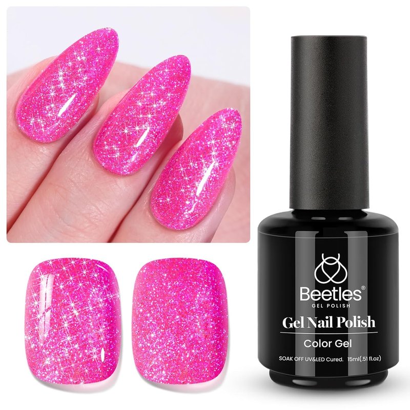 Beetles Glitter Gel Nail Polish - Hot Pink Reflective Diamond Color | 15ML Soak Off UV Nail Art for DIY Manicure