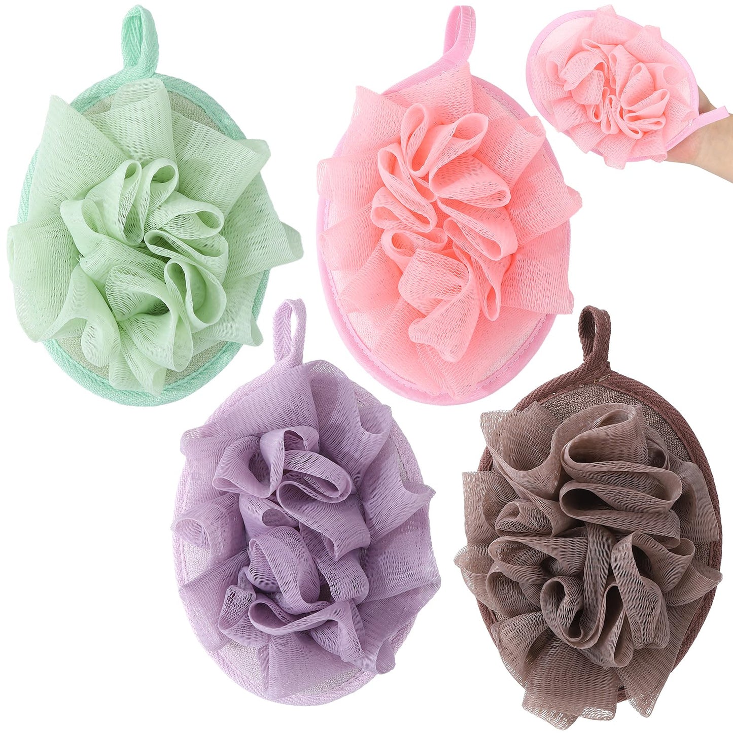 ZhouBoat 4 PCS Exfoliating Bath Sponges Soft Loofah Shower Scrubber with Elastic Hand Strap for Women Men Gentle Skin Cleansing Body Wash Towel Pouf Purple, Pink, Green, Coffee