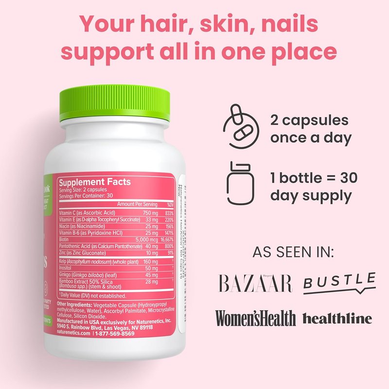 Hair Growth Vitamins - Vegan Formula with 5000mcg Biotin for Thicker, Fuller Hair | 60 Capsules with 11 Ingredients
