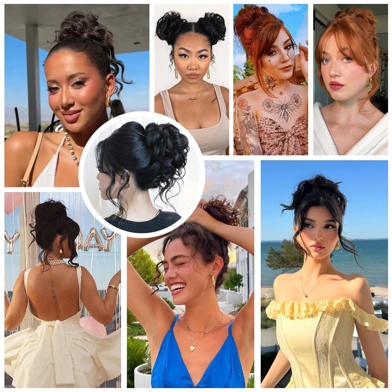 NEOWIG 2PCS Messy Bun Hair Piece for Women Wavy Curly Hair Bun Hair Pieces Synthetic Updo Chignon Fake Scrunchies Ponytail Extension for Daily Dark Brown