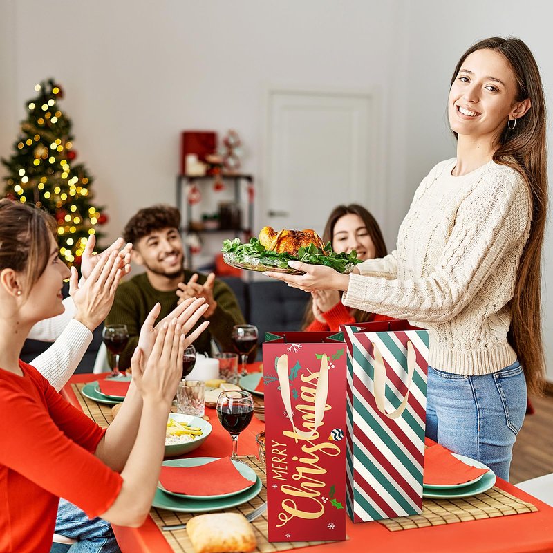 DeckTheHalls Christmas Gift Bags, 8 Pcs Wine Gift Bags with Unique Xmas Designs, Christmas Goody Bags with Ribbon Handles, Reusable Wine Bottle Wrap Bags for Xmas, Engagements & Party