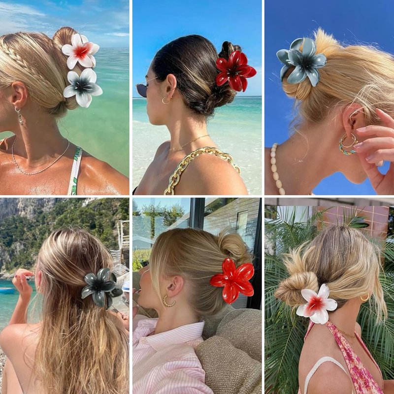 CHANDAT Flower Hair Clips - 6 PCS Hawaiian Claw Clips for Thick & Thin Hair | Dark Color Plumeria Accessories