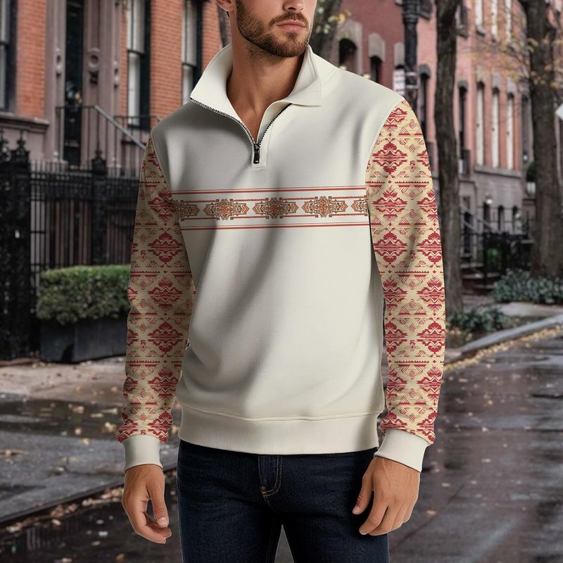 Men's Half Zip Pullover Sweatshirt - Ethnic Geometric Pattern | Casual Fall & Winter Top