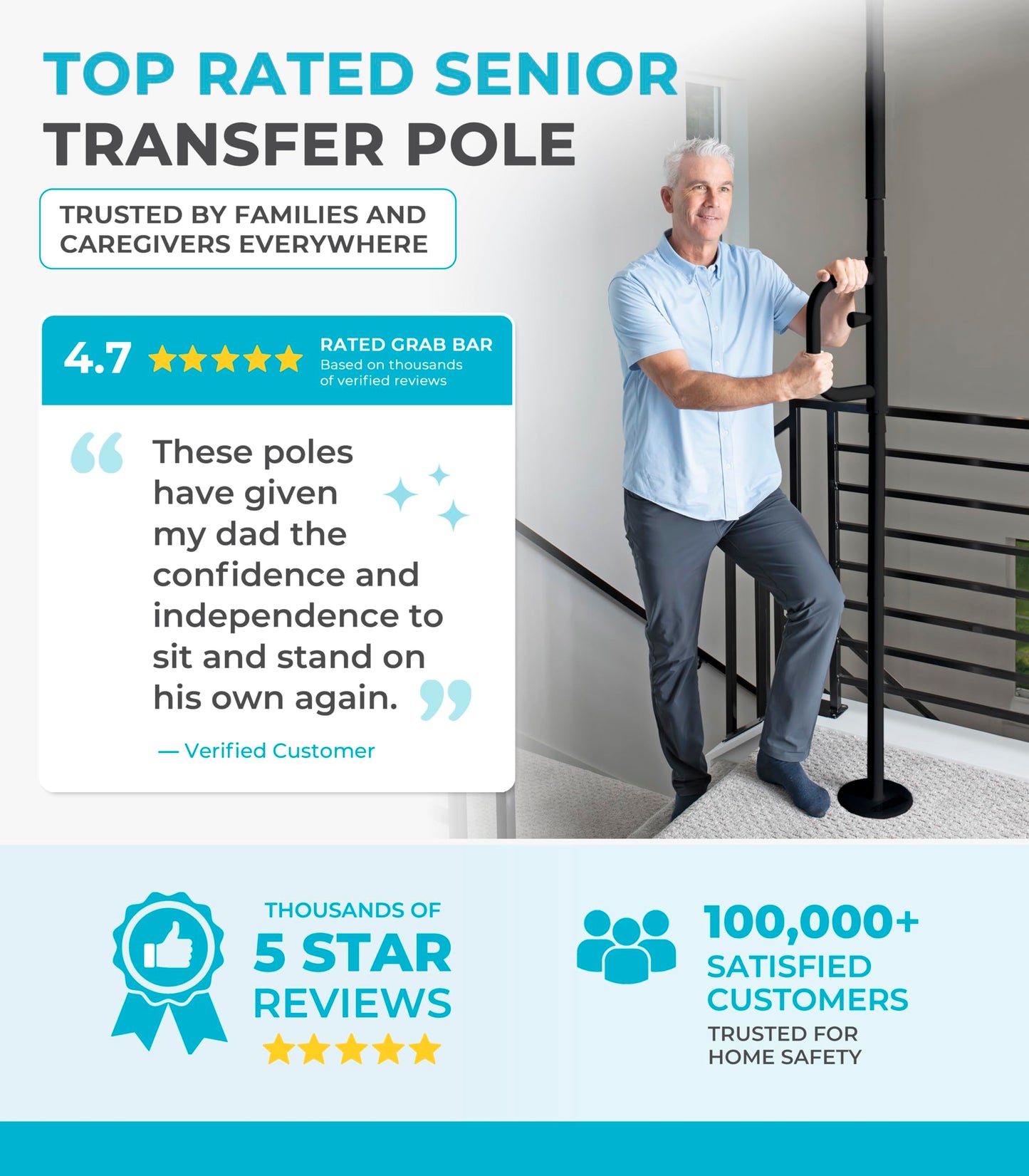 Stander Security Pole and Curve Grab Bar, Elderly Tension Mounted Floor to Ceiling Transfer Pole, Bathroom Safety Assist and Stability Rail, Metallic Black