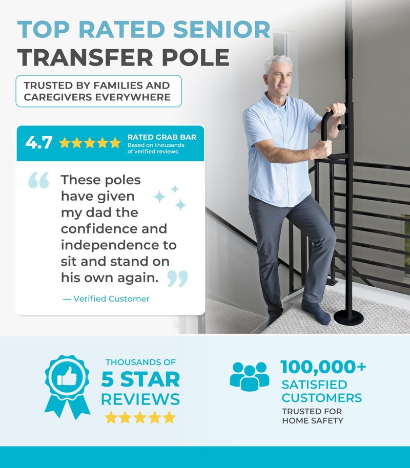 Stander Security Pole and Curve Grab Bar, Elderly Tension Mounted Floor to Ceiling Transfer Pole, Bathroom Safety Assist and Stability Rail, Metallic Black