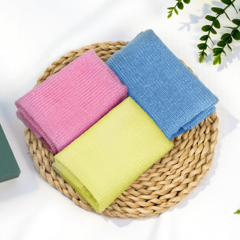 Bathway Exfoliating Washcloth Body Scrubber, 36.8-Inch Quick-Dry Exfoliating Towel, Japanese Loofah Back Scrubber Towel for Women Men (Blue & Rose Red & Yellow, Pack of 3)