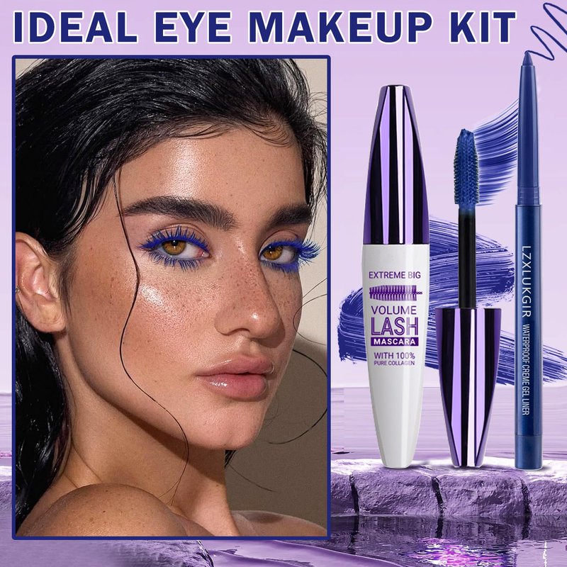 LZXLUKGIR Blue Mascara and Eyeliner Set,Natural Curling Blue Mascara for Eyelashes,Volumizing Lengthening máscara de pestañas Waterproof,5D Colored Eye Makeup