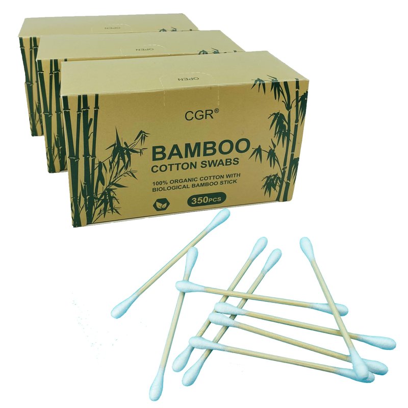 1050pcs CGR Organic cotton Swabs, 100% Cotton Double-Tipped, Bamboo Sticks(compostable), Travel Pack(3 Pack of 350 Swabs Total)