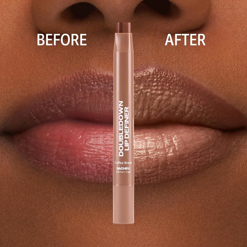 Sacheu DoubleDown Lip Definer — 2-in-1 Lip Liner & Balm — Long-Lasting Korean Make Up Lipstick with Satin Finish, Avocado Oil & Vitamin E (Coffee Break)