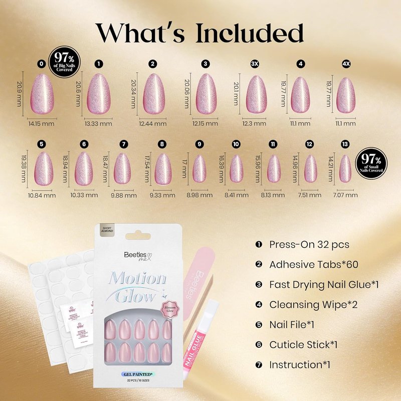 Cat Eye Press On Nails - Glossy Short Almond Nails with Fast-Dry Glue & 32pcs in 16 Sizes | Motion Glow Design