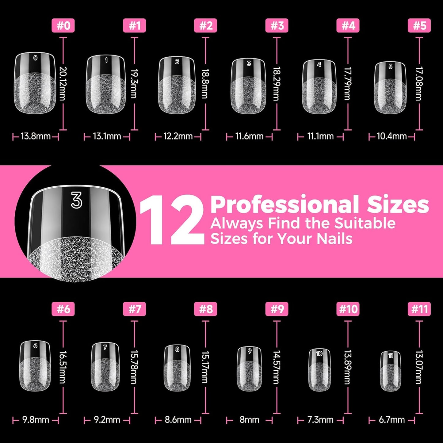 UNA GELLA Short Square & Squoval Nail Tips - 216 Pre-Etched Clear Acrylic Press-On Nails | 12 Sizes for DIY Salon Use