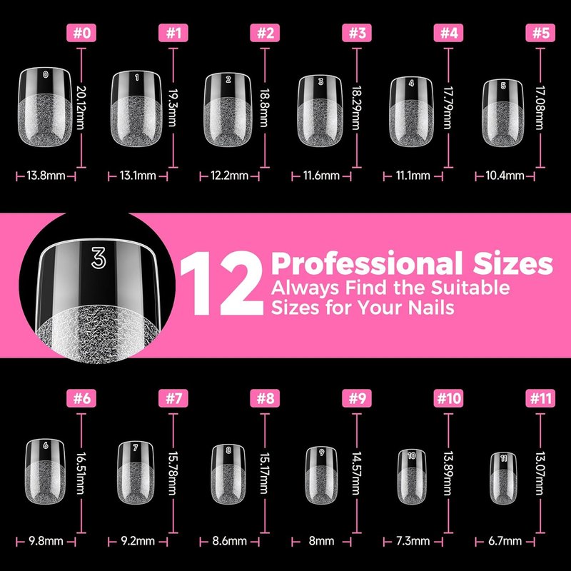 UNA GELLA Short Square & Squoval Nail Tips - 216 Pre-Etched Clear Acrylic Press-On Nails | 12 Sizes for DIY Salon Use