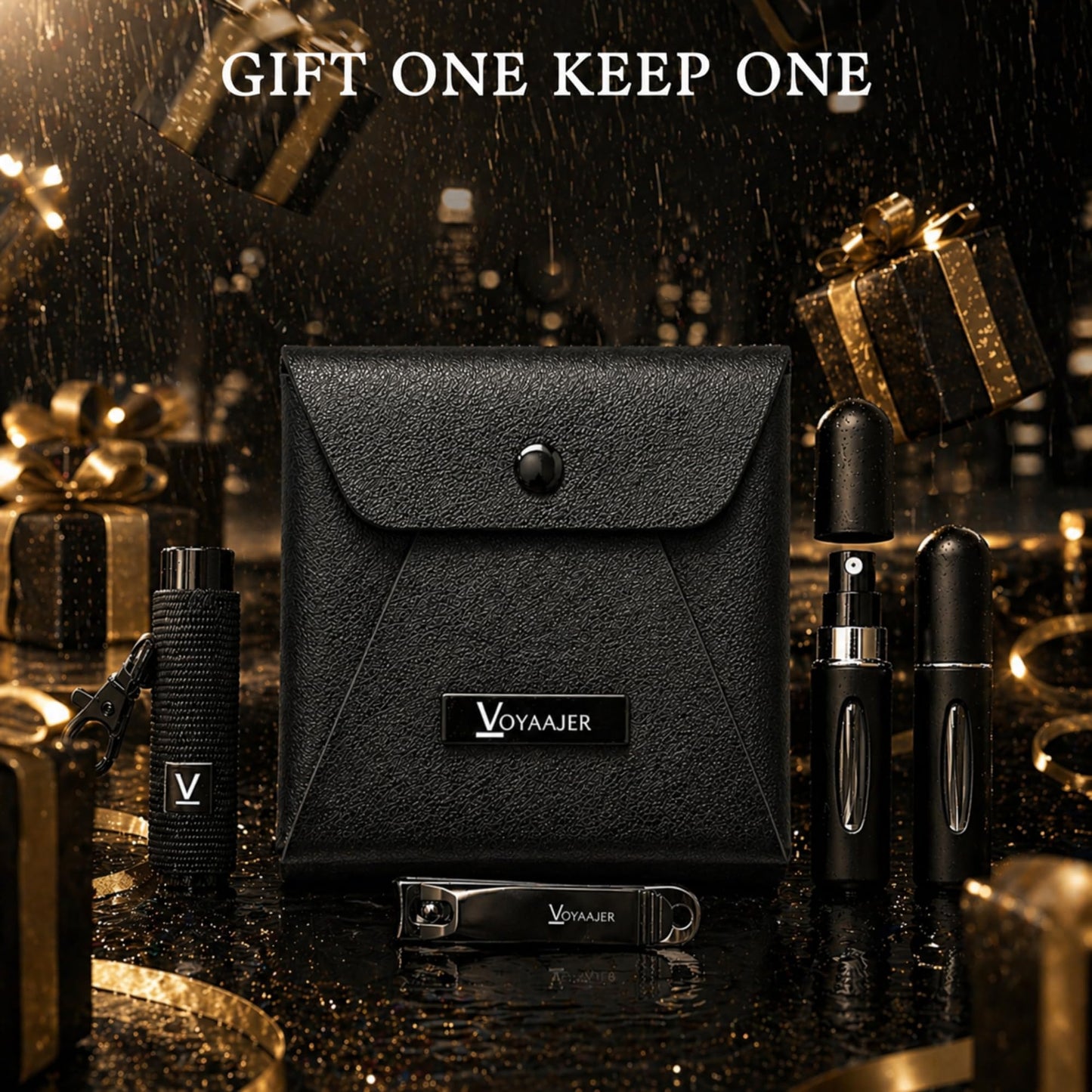 Voyaajer Noir 5 Piece Essential Set | 2-Black 5ML Refillable Cologne-Perfume Atomizers | 1-Black Vegan Leather Case | 1-Black Lip Balm Sleeve Holder | 1-Nail Clipper | Reusable and TSA Compliant.