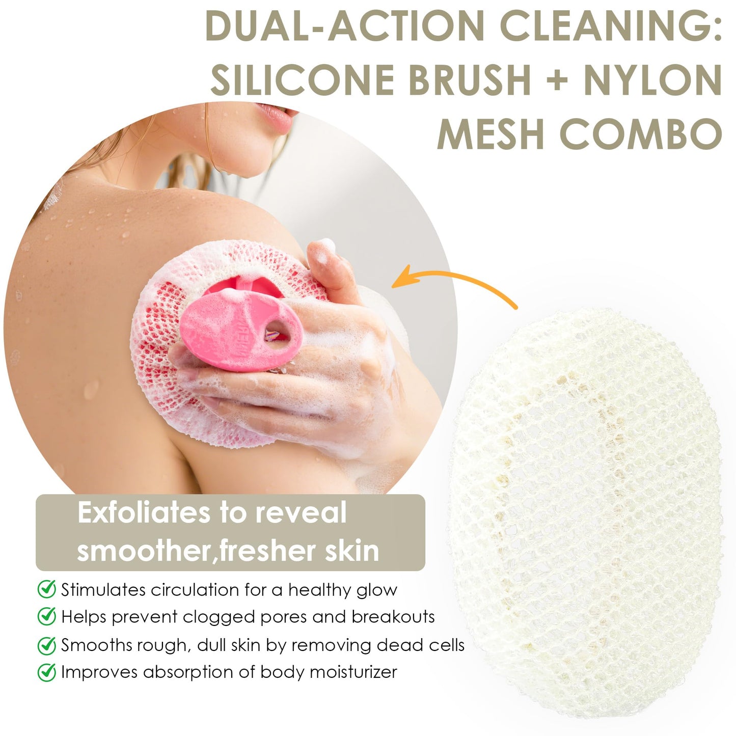 INNERNEED Food-Grade Soft Silicone Body Scrubber Shower Brush Handheld Cleansing Skin Brush, with Exfoliating Net Sponge Case (Pack of 4)