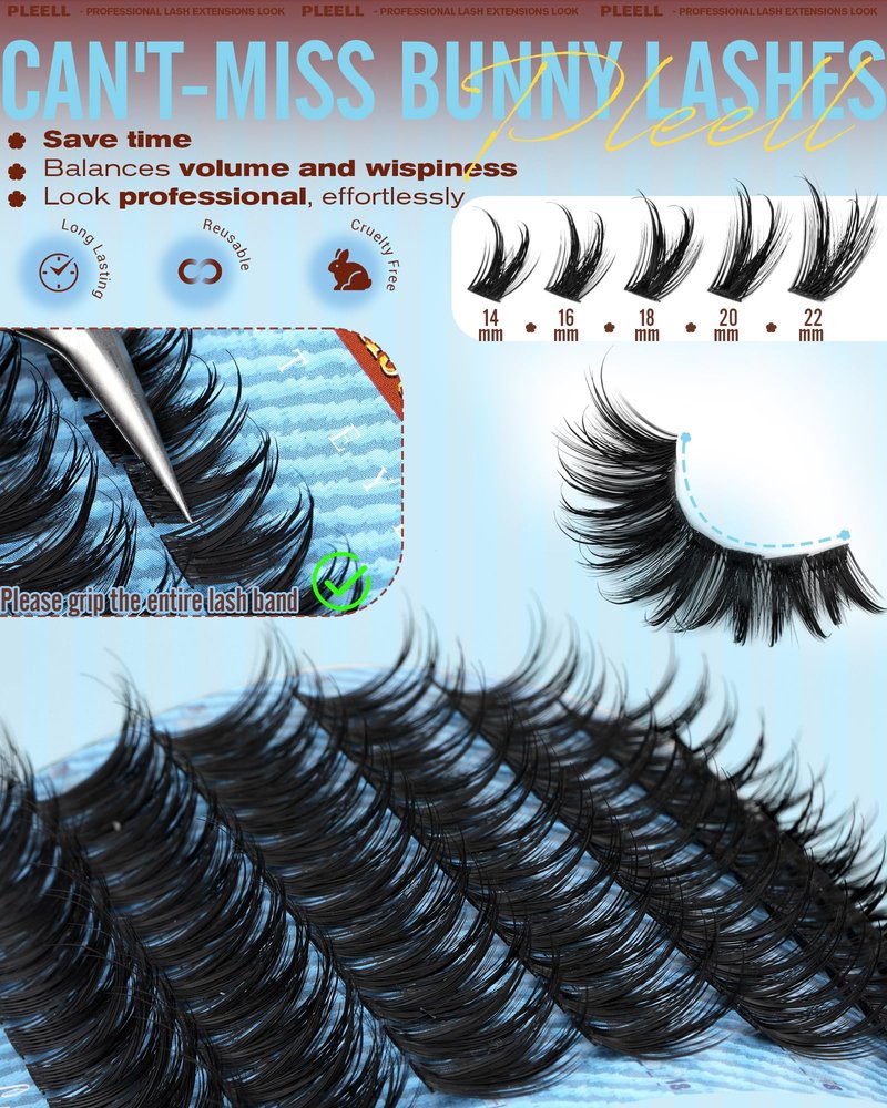 Pleell Lash Clusters Spikes Eyelash Clusters 14-22mm Wispy Lashes Clusters Manga Cluster Eyelash Extensions Bunny Cluster Lashes D-Curly Natural Volume Eyelashes Clusters