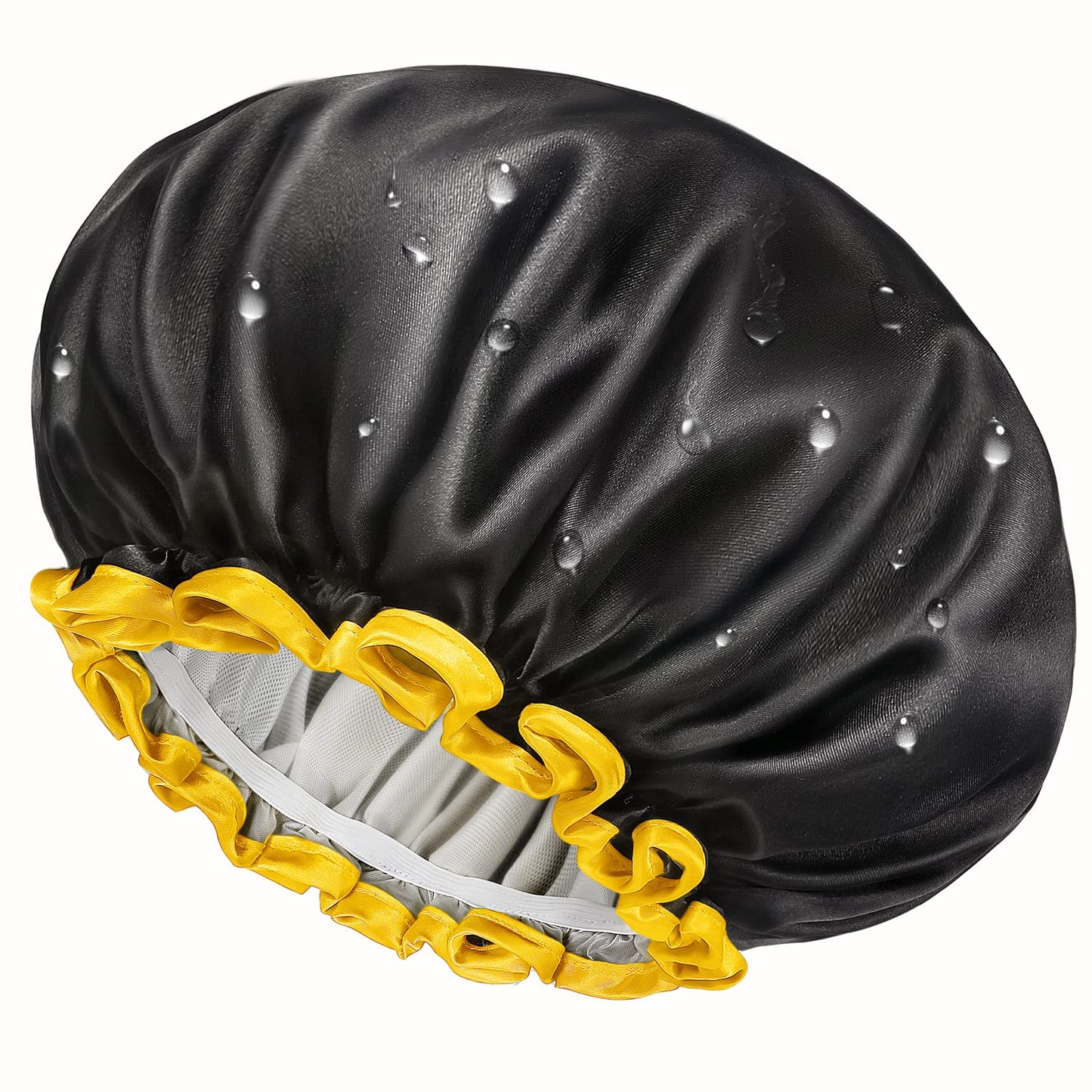 mikimini Extra Large Black Shower Caps Pack of 2 for Women and Men Thick Long Hair Braids, Reusable Waterproof Double Layers XL Bathing Hair Cap with Vibrant Yellow Edge (Black)