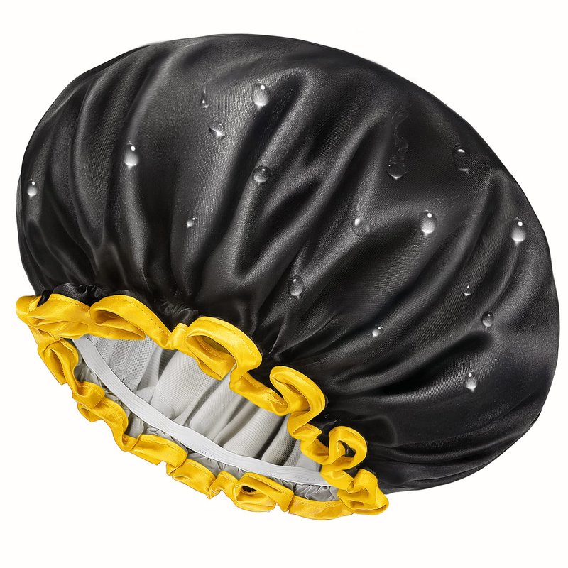 mikimini Extra Large Black Shower Caps Pack of 2 for Women and Men Thick Long Hair Braids, Reusable Waterproof Double Layers XL Bathing Hair Cap with Vibrant Yellow Edge (Black)