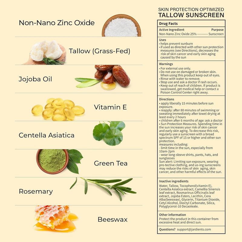 Beef Tallow Sunscreen SPF 50 with Mineral : Instant Sun Protection Non Nano Zinc Oxide Sunblock- Non Greasy Formula- Beach Jogging Outdoor Sports - 3 Fl oz, 85g