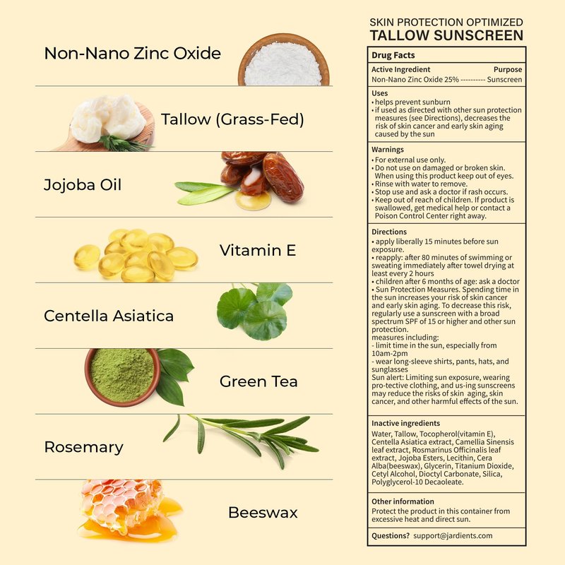 Beef Tallow Sunscreen SPF 50 with Mineral : Instant Sun Protection Non Nano Zinc Oxide Sunblock- Non Greasy Formula- Beach Jogging Outdoor Sports - 3 Fl oz, 85g