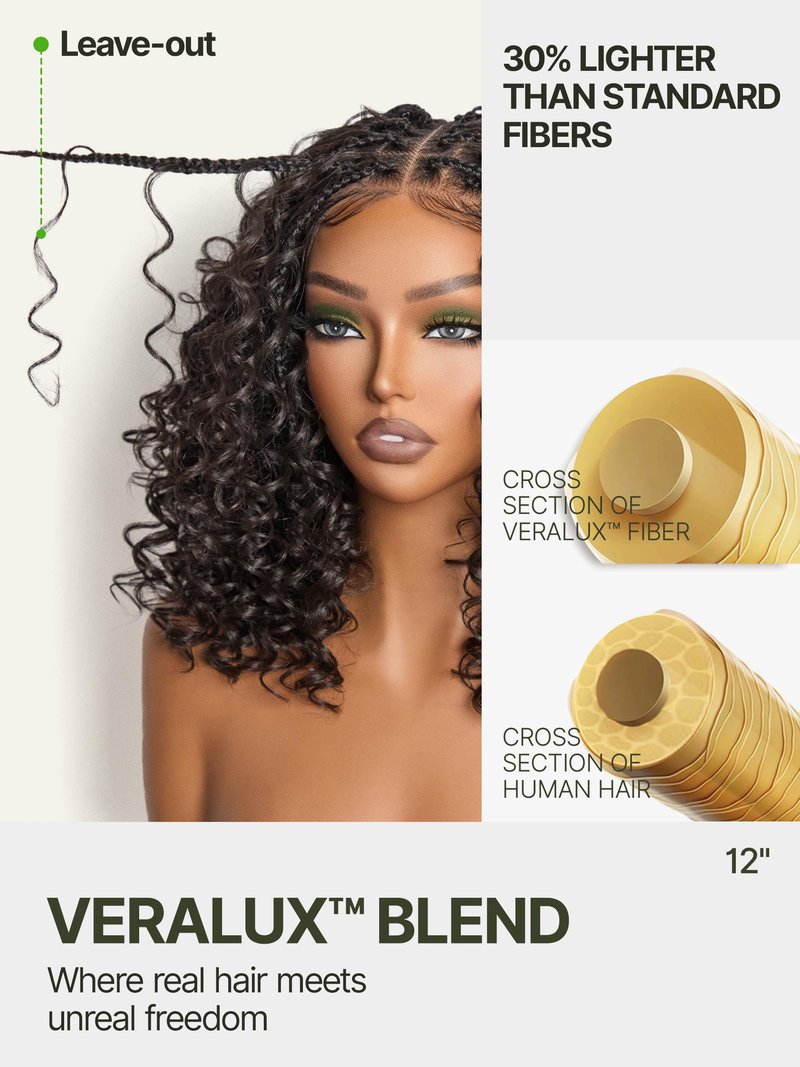 Frodio Veralux™ 13x6 HD Lace Frontal Wig Glueless 12" Cruly Boho Braids Water Wave Pre-Cut Lace Wig Premium Fiber Braided Beginner Friendly 12 Inches Natural Black