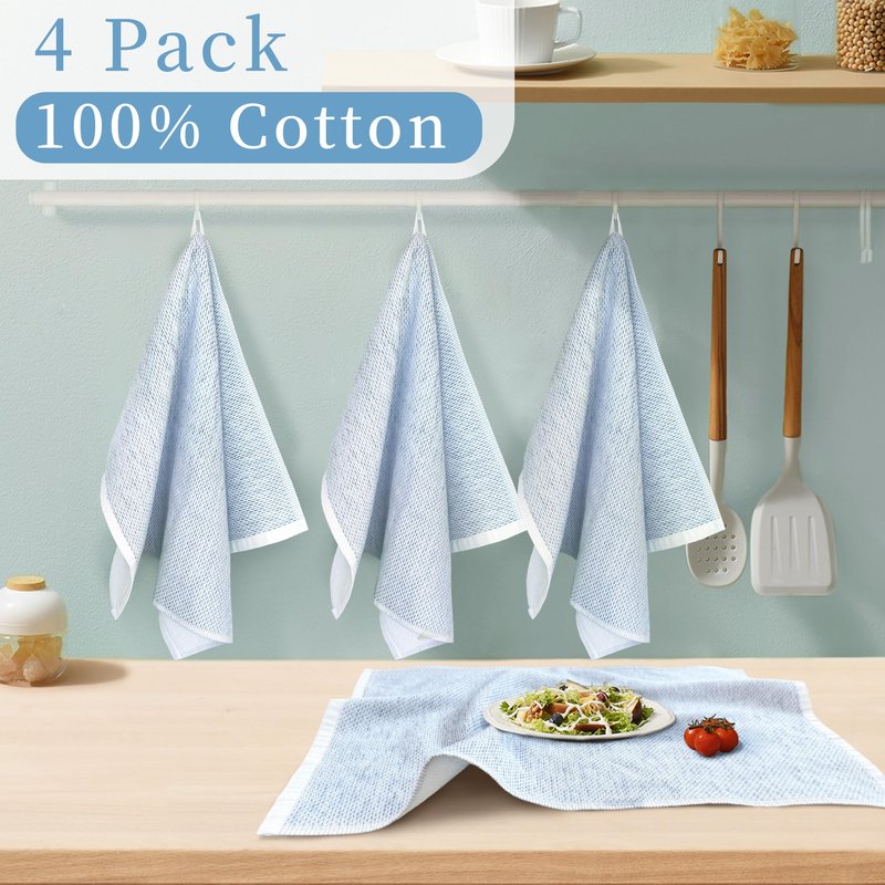 VOOVA & MOVAS Kitchen Towels Set of 4 (17"x25"), 100% Cotton Thick 450GSM | Absorption | Soft | Large, Dish Towels with Hanging Loop, Quick Dry Towel for Kitchen & Bathroom, Blue and White Jacquard