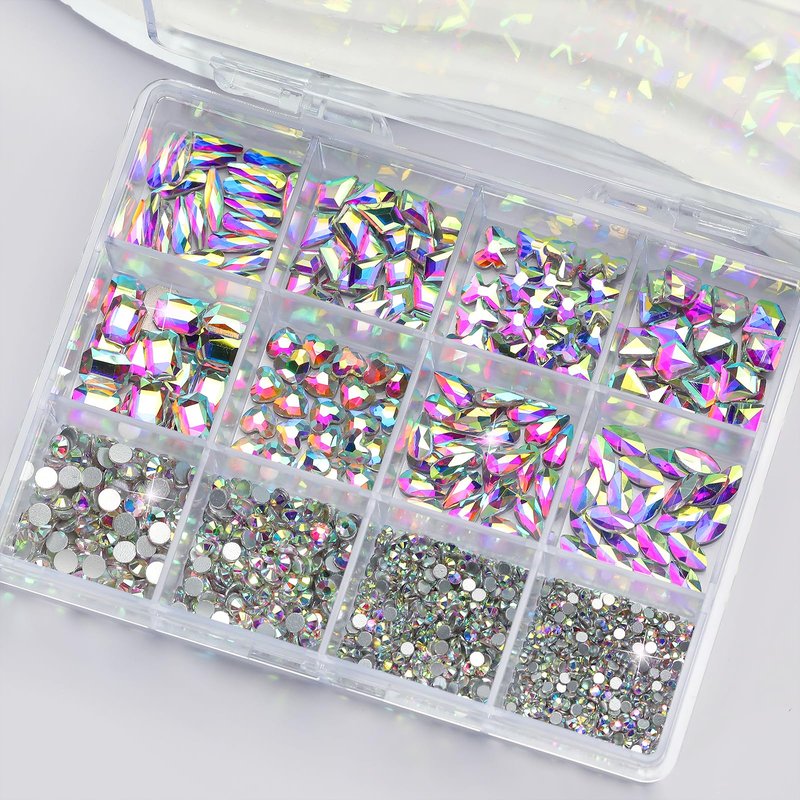 Cycullinyt 1660Pcs Crystal AB Nail Art Rhinestones: 8 Types of Multi Shapes Diamonds + 4 Sizes Flatback DIY Crafts Rhinestone Crystals 3D Glass Stones Set + Tweezer + Pickup Pen
