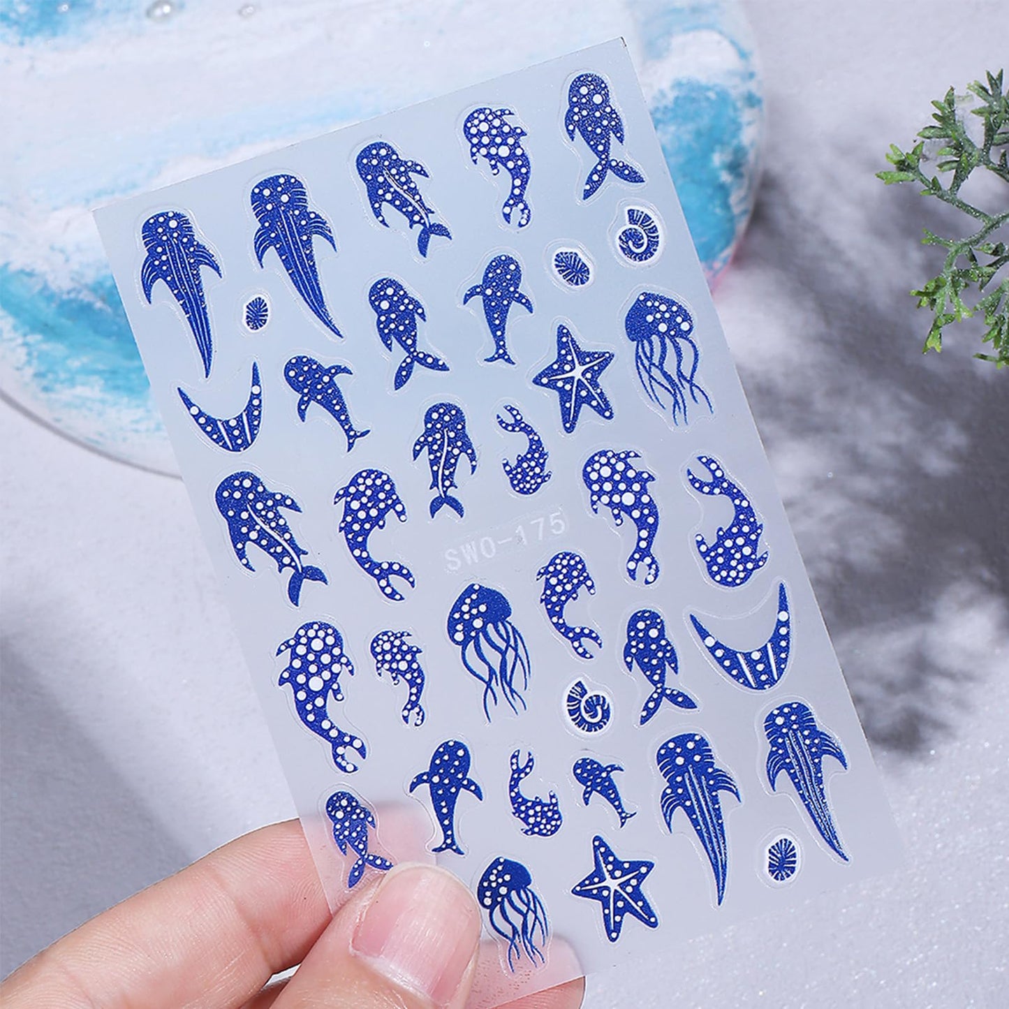 Summer Ocean Nail Stickers 3PCS Blue Polka Dot Whale Shark Nail Art Stickers Starfish Jellyfish Design Self-Adhesive French Manicure Decals Nail Supplies for Women DIY Nail Decorations