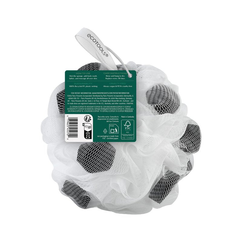 EcoTools Lathering EcoPouf Body Loofah, Exfoliating Shower Sponge Made with 100% Recycled Netting, Bath Pouf for Rich Lather, 1 Count