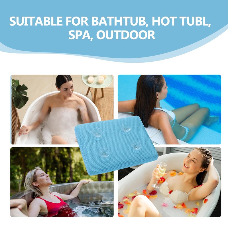 MABOZOO Bath Cushion for Tub with Powerful 4 Non-Slip Suction Cups,Quick Dry Mesh Bathtub Mat,Spa Pillow Bath Accessories for Adults Indoor Outdoor (Blue)