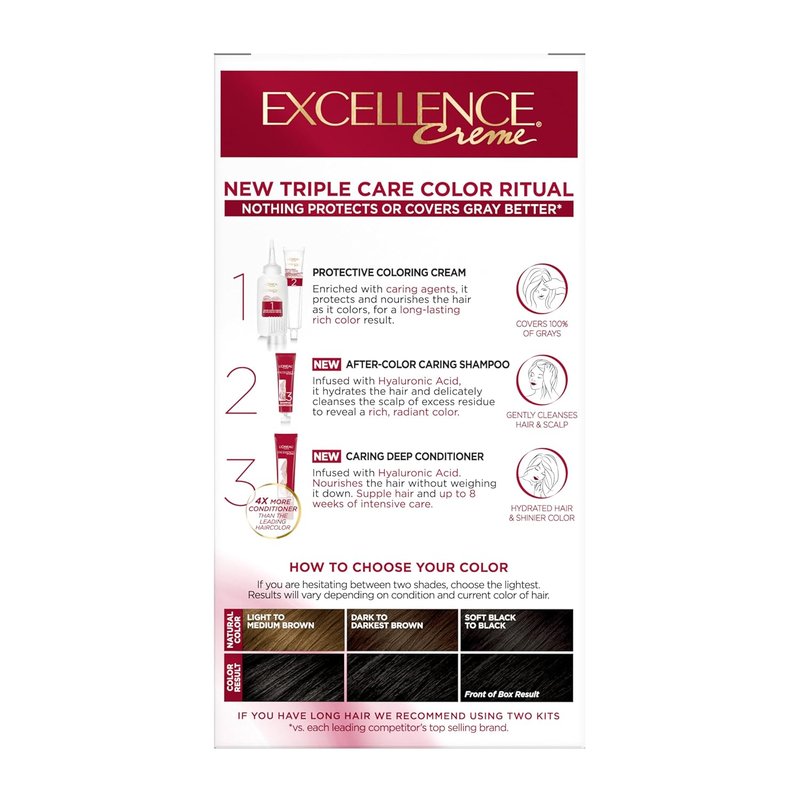 L'Oreal Paris Excellence Crème Hair Dye - Triple Care Formula for 100% Gray Coverage | Black, 1 Kit