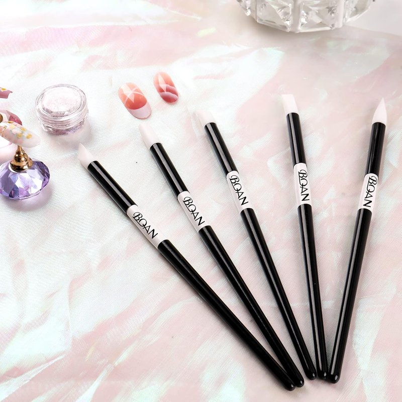 BQAN Nail Art Sculpture Pen Set - 5 Silicone Brushes for Gel & Acrylic Nails | Home Salon Tools (Black)