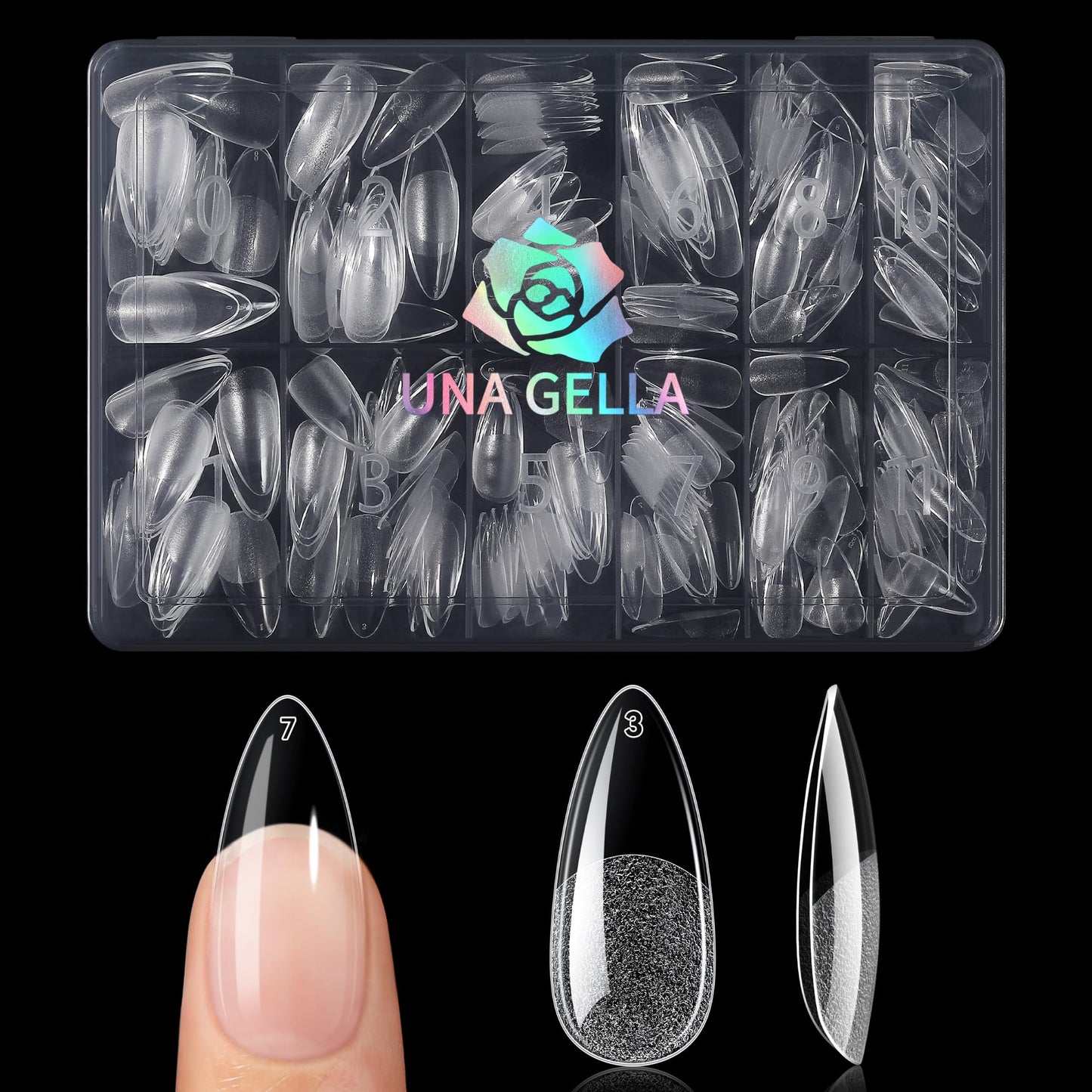 UNA GELLA Medium Almond Nail Tips, Pre Etched Almond Gel Nail Tips, 240pcs Soft Gel Full Cover Clear Press on Fake Nails for Nails Extensions No C Curve DIY Salon at Home 12 Sizes