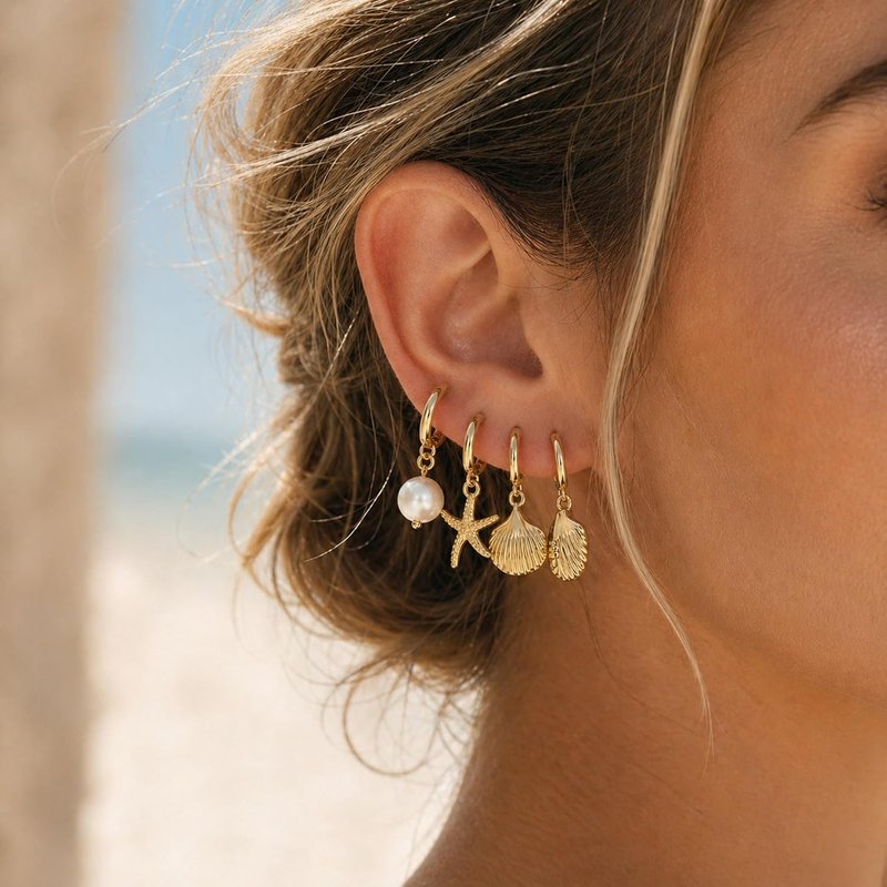 Skiennix Huggie Hoop Earrings Set - 14K Gold Plated Ocean Elements | Shell, Starfish, Conch, Pearl
