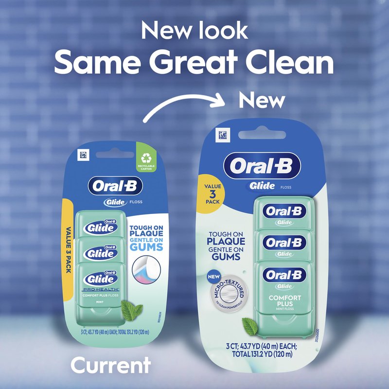 Oral-B Glide Dental Floss, Comfort Plus Mint, 3 Pack (131.2 YD Total) – Shred-Resistant Smooth Dental Tape for Tight Spaces, Natural Wax, Removes Plaque, Gum Care, Travel-Friendly