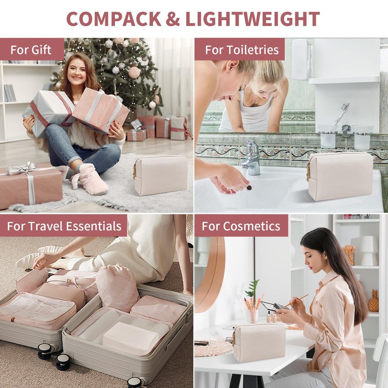SMONT Makeup Bag for Women, PU Leather Cosmetic Pouch Skincare Make Up Beauty Bag Waterproof Beige