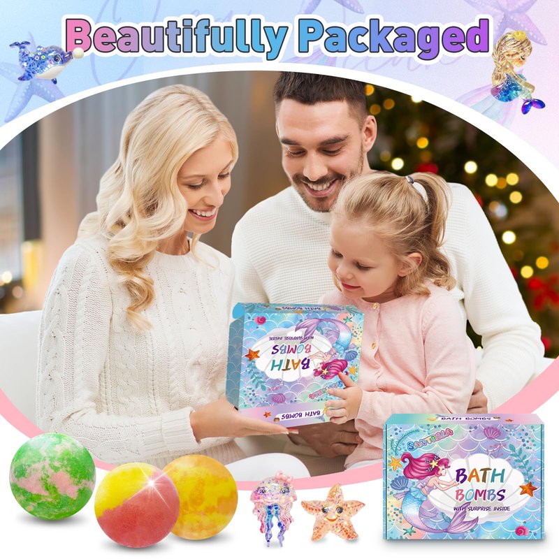 Bath Bombs for Kids with Surprise Inside, 12pcs Kids Bath Bombs with Mermaid Toys Gift Set for Girls, Shea & Coco Butter Dry Skin Moisturize, Birthday Easter Gifts Spa Bath Ball with Bath Toy Fun
