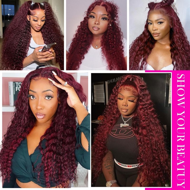 Deep Wave Lace Front Wig - 30 Inch 99J Burgundy Human Hair | HD Transparent, 200% Density, Pre-Plucked