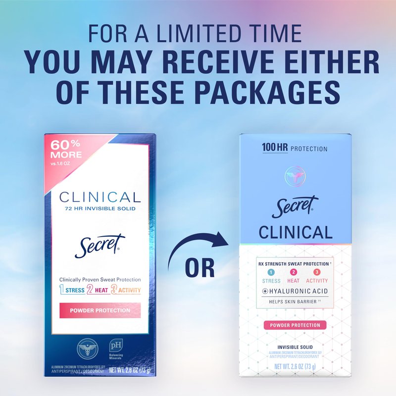 Secret Clinical Strength 100HR Sweat & Odor, Invisible Solid Antiperspirant Deodorant for Women, 3X Stress Protection with Hyaluronic Acid, PH Balanced, Powder Protection Scent, 2.6 oz