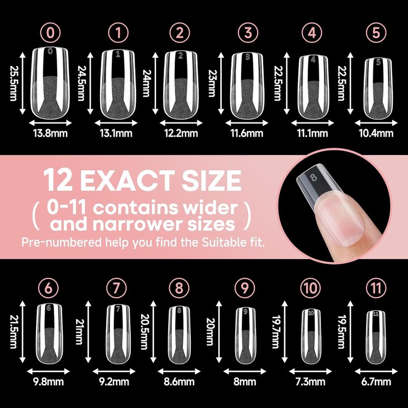 Medium Square Gel Nail Tips - Half Matte Full Cover Acrylic | 312pcs, 12 Sizes for DIY Nail Art