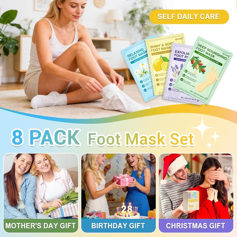 Moisturizing Foot Mask - Hydrating Socks for Dry Cracked Feet | 8 Pack, 4 Styles