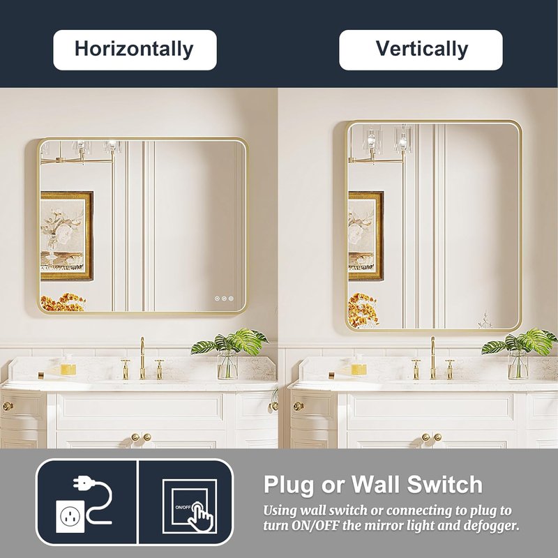 LED Bathroom Mirror - 24x32 Inch Gold Metal Framed Lighted Vanity Mirror | Dimmable, Anti-Fog, 3 Colors