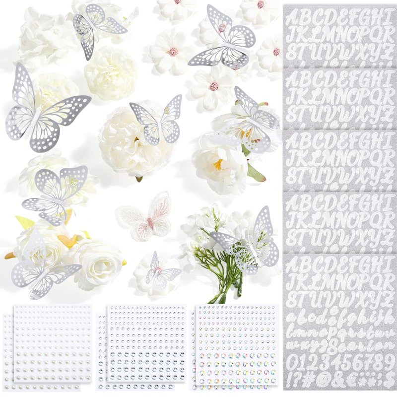 Hoteam DIY Graduation Cap Decorations Kit Included Faux Flowers 3D Butterfly Self Adhesive Rhinestones Glitter Alphabet Letter Stickers for 2026 Grad Cap Topper Party Gifts Decor(White)