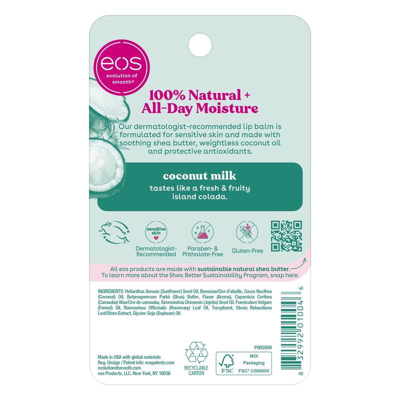 eos 100% Natural Lip Balm - Coconut Milk, All-Day Moisture, Dermatologist Recommended for Sensitive Skin Care, Lip Care Products, 0.25 oz