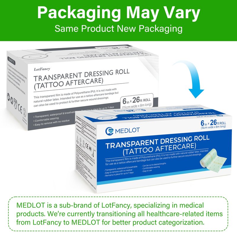 LotFancy Tattoo Aftercare Bandage, 6" x 8.8 Yards Roll, Clear Waterproof Transparent Film Dressing, Hypoallergenic Protective Adhesive Tattoo Wrap, Tattoo Recovery Film for Faster Skin Healing