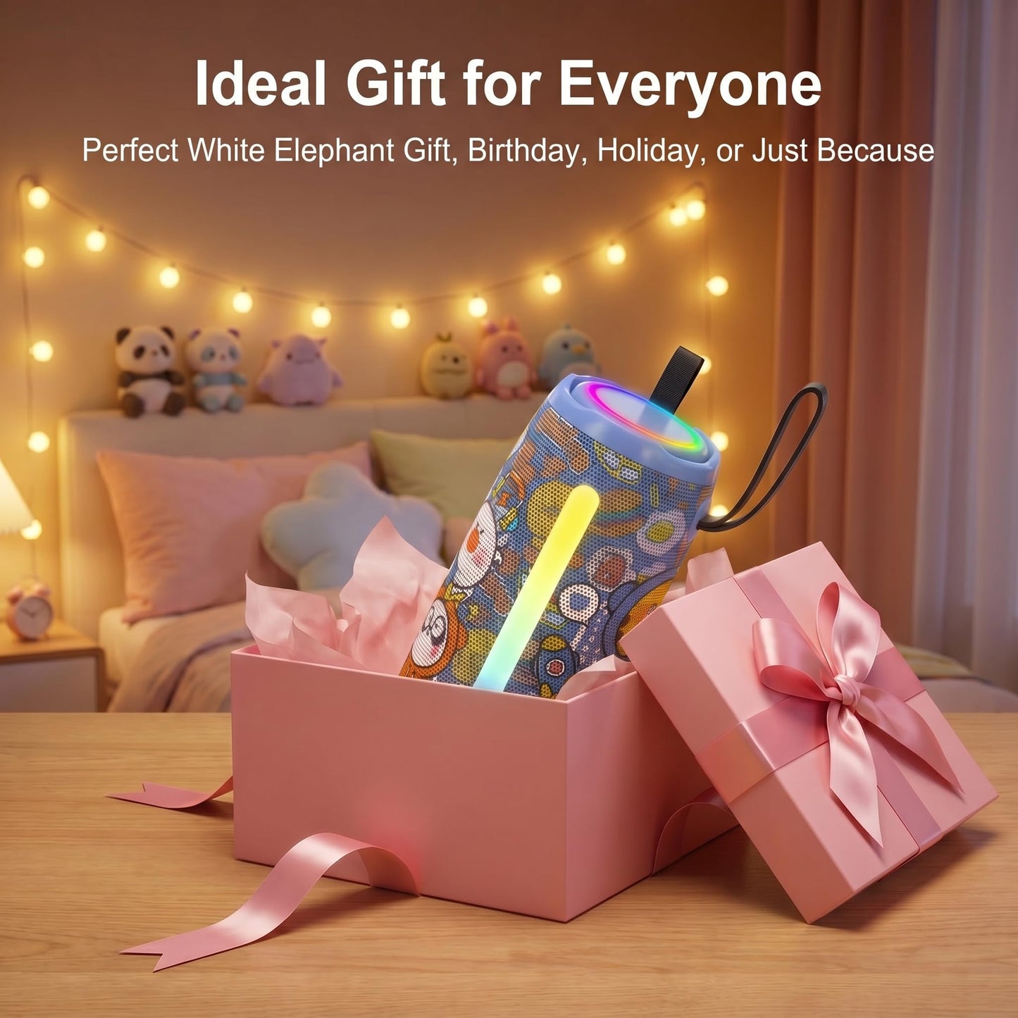 Cute Cartoon Bluetooth Speaker for Girls & Teens, Kawaii Portable Wireless Speaker with RGB Sync Lights, BT 5.3, TWS Pairing, IPX5 Waterproof, 20H Playtime, Birthday Gifts & Room Decor (Blue)