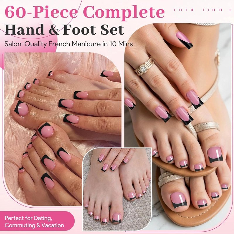 Skiennix 60Pcs Black French Tip Press-On Nails Set - Square Acrylic Full Cover Nails & Toenails for DIY Manicure