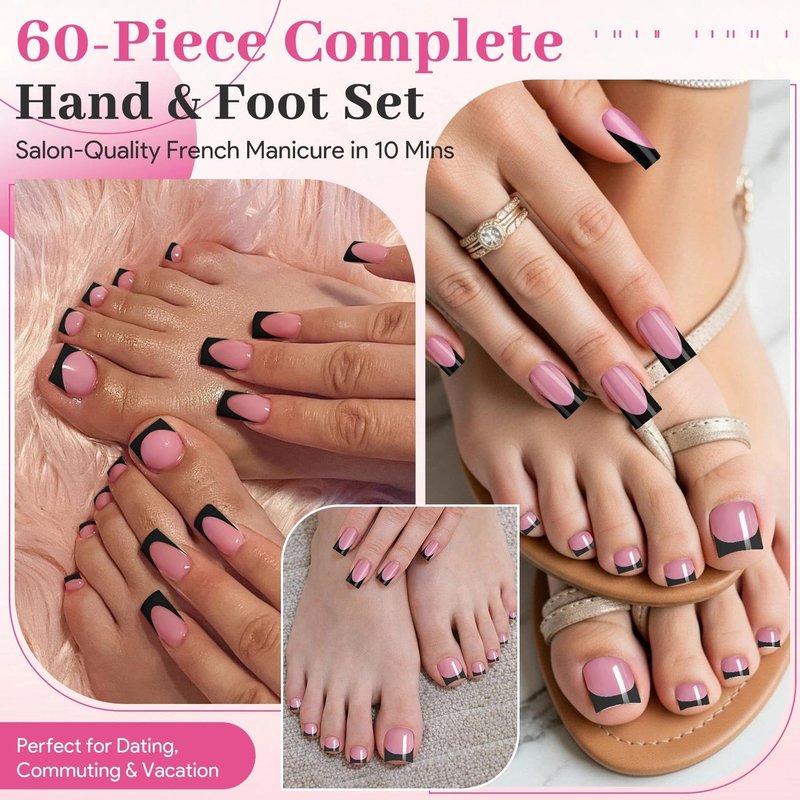 60Pcs Black French Tip Press on Nails & Press on Toenails Set, Square Fake Nails Kit with Nail Glue, 15 Sizes Acrylic Full Cover Toe Nail Press Ons Stick on Nails for Women DIY Home Manicure