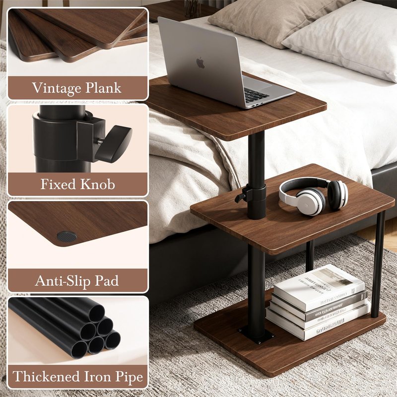 Faesun Swivel Side Table for Couch Arm, Height Adjustable C Shaped End Table for Recliner or Bed, Tv Trays with Storage Shelf for Small Spaces- Small Nightstand for Living Room, Bedroom