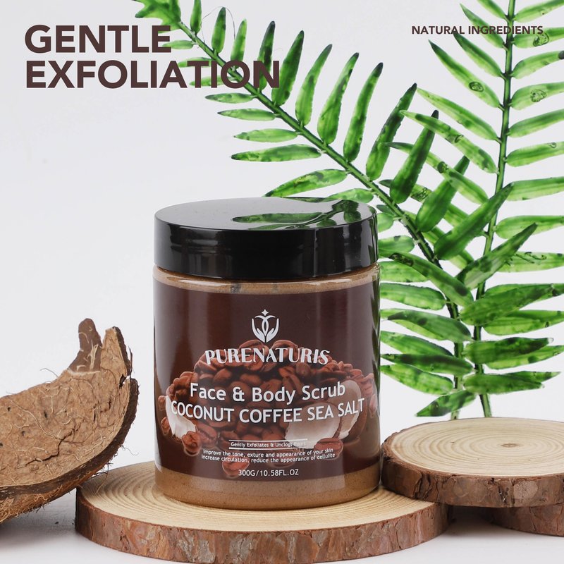 PureNaturis Coconut Coffee Sea Salt Scrub - Exfoliating & Moisturizing Face and Body Scrub with Natural Ingredients, Energizing and Hydrating, 10.58 Ounce