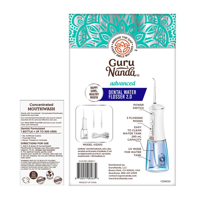 GuruNanda Advanced Water Flosser 2.0 with UV Mode & Concentrated Mouthwash Duo - Fresh Breath & Thorough Plaque Removal for a Brighter Smile